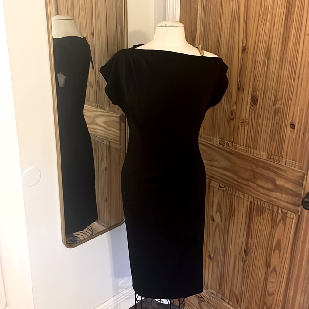 Donna Karan 6 black dress with gold hardware black label NEW RUCHED